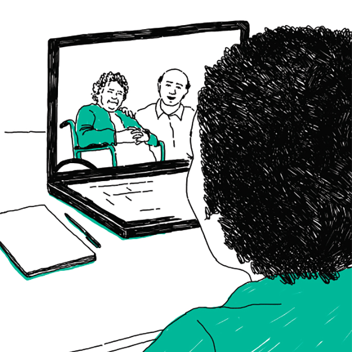 Illustration of nurse speaking to elderly couple over a computer