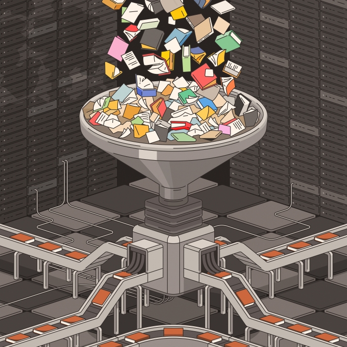 An illustration of a factory with a network of conveyor belts lined with books that all look the same with a central funnel feeding the belts with an outpouring of myriad different books from above.