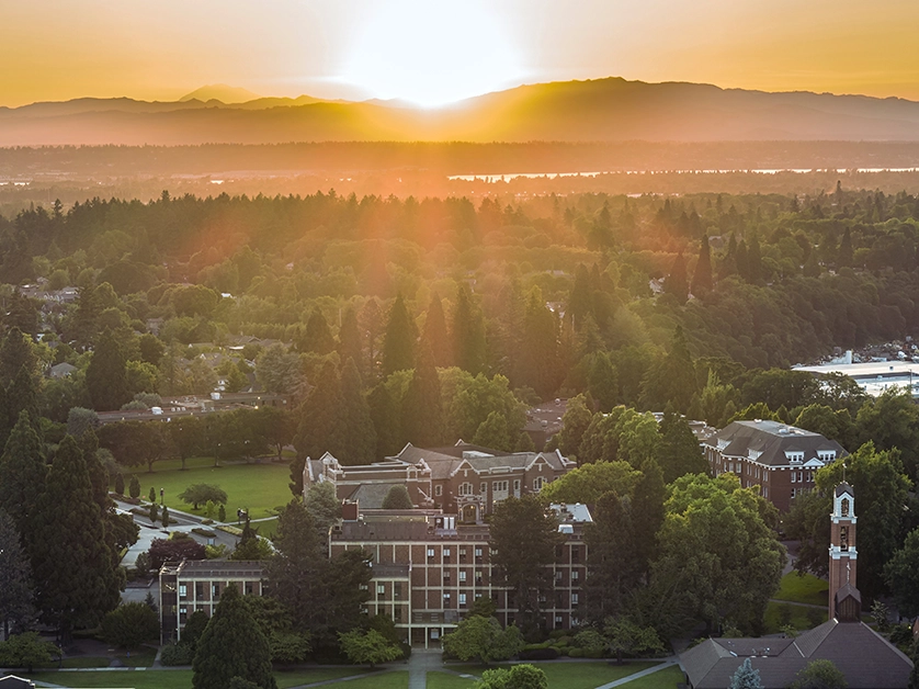 An aerial view of campus at sunset