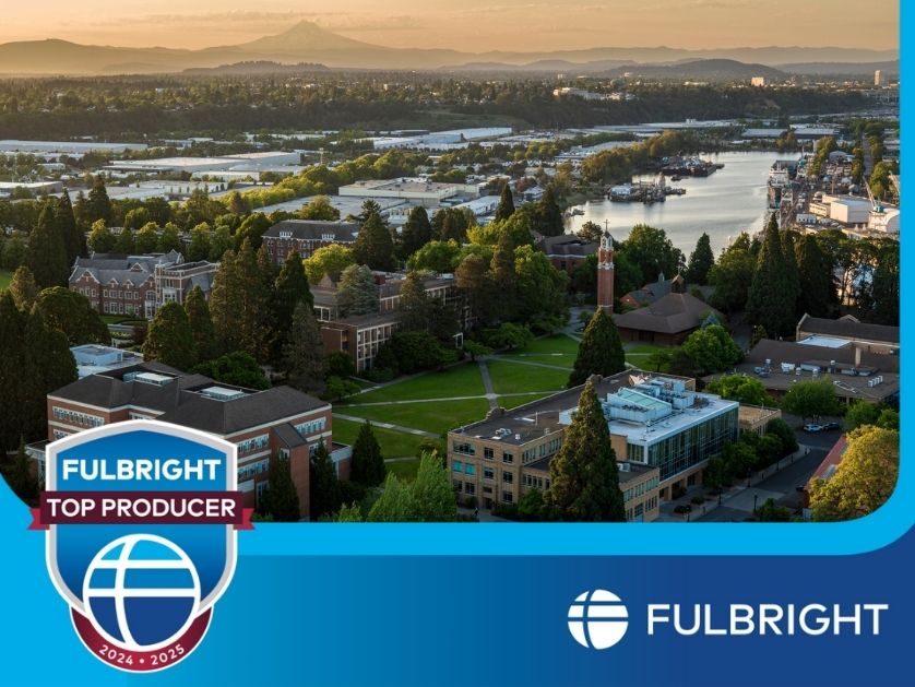 An aerial beauty shot of the campus quad and bell tower