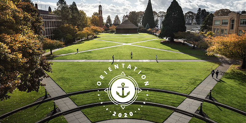 Aerial of University of Portland campus with Orientation 2020 logo in center