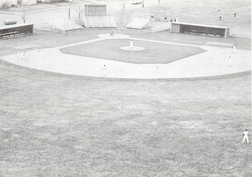 Black and white photo of the baseball diamond.