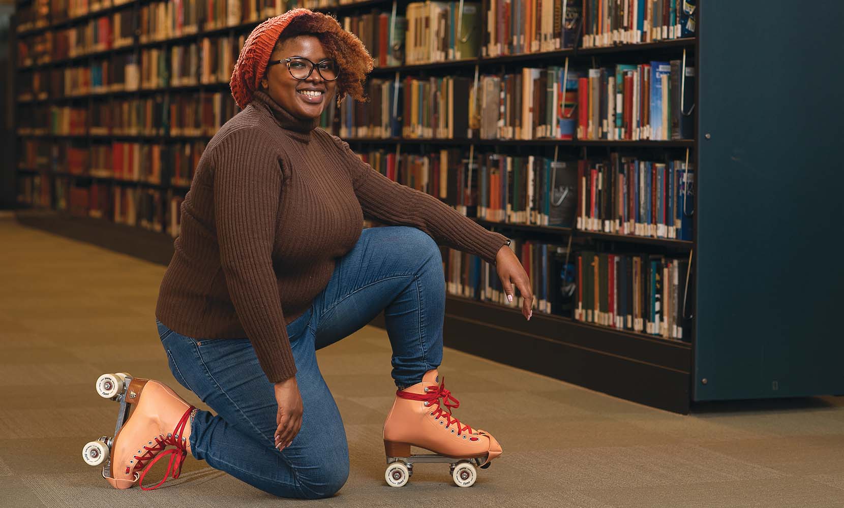 librarian on roller skates