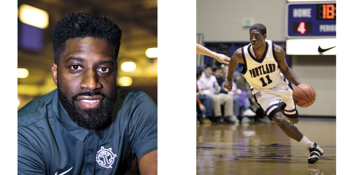 A portrait of Pooh Jeter (left) and an action shot of Pooh dribbling the ball up court during a basket ball (right).