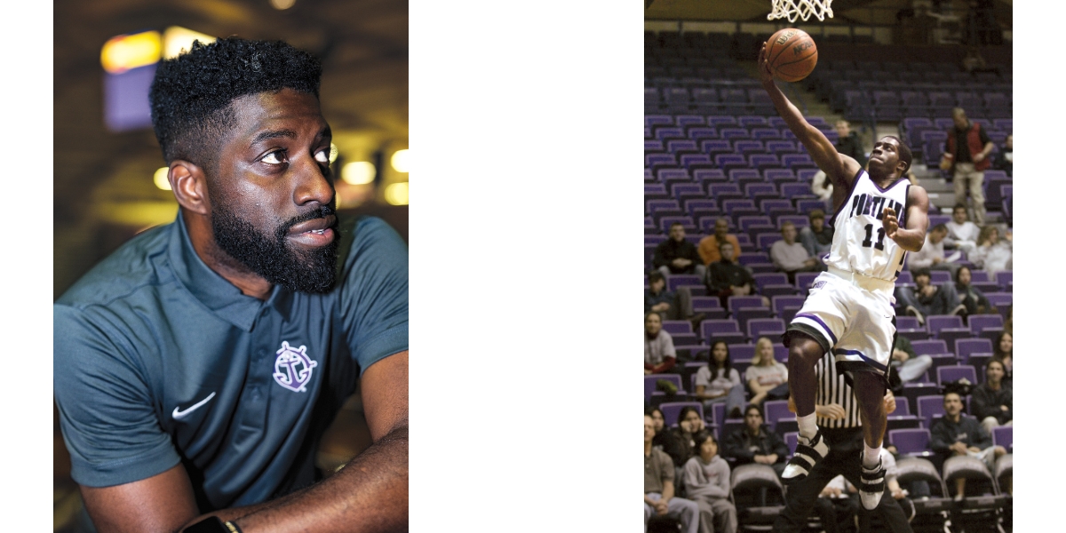 A portrait of Pooh Jeter (left) and an action shot of Pooh making a layup shot during a basketball game (right).