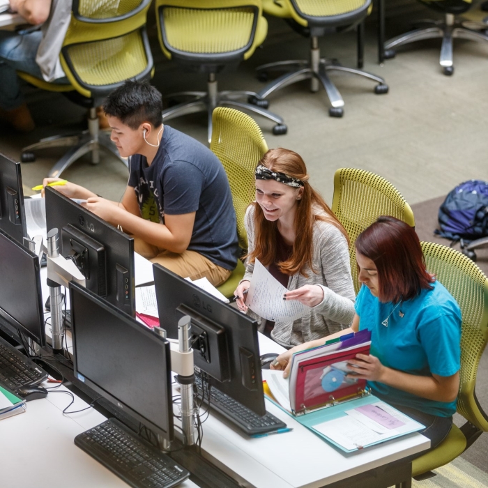 Students working at a computer in the library