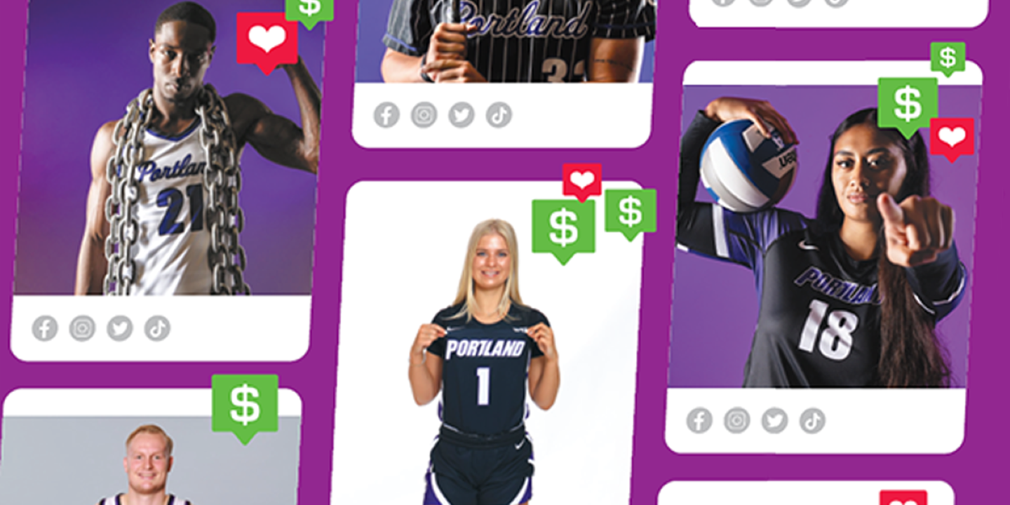 A stylized image of mobile phone screens on a purple background, with athletes posing on the phone screens and graphics of hearts and dollar signs surrounding the phones.