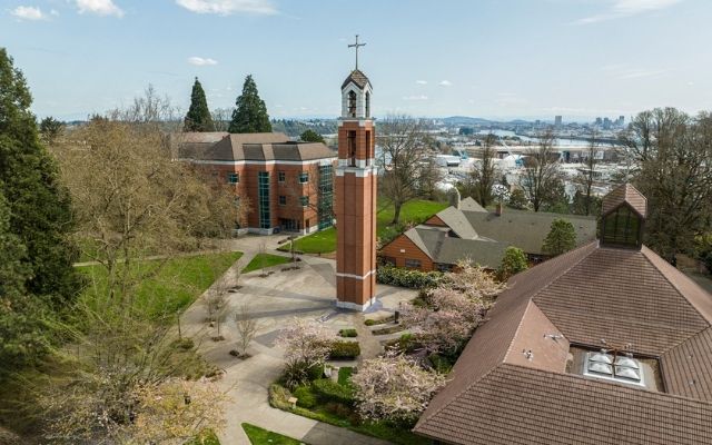 An aerial beauty shot of the campus quad and bell tower