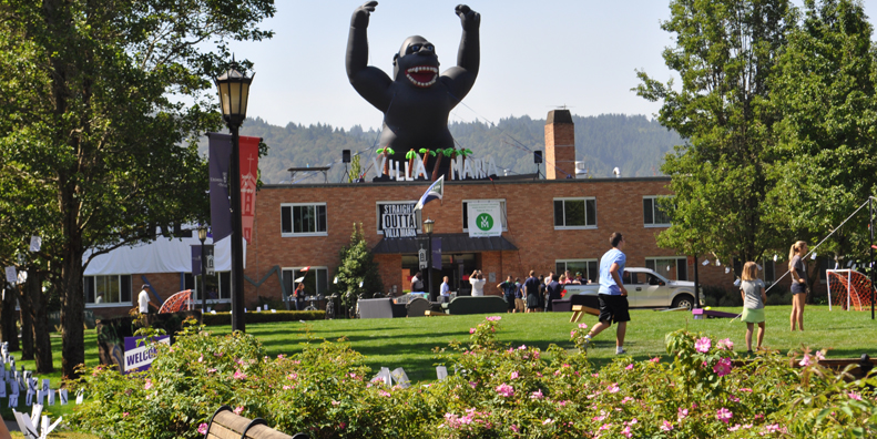 inflatable gorilla over Villa hall