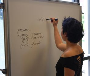 Photo of language assistant writing on board, link to Learning Commons web page