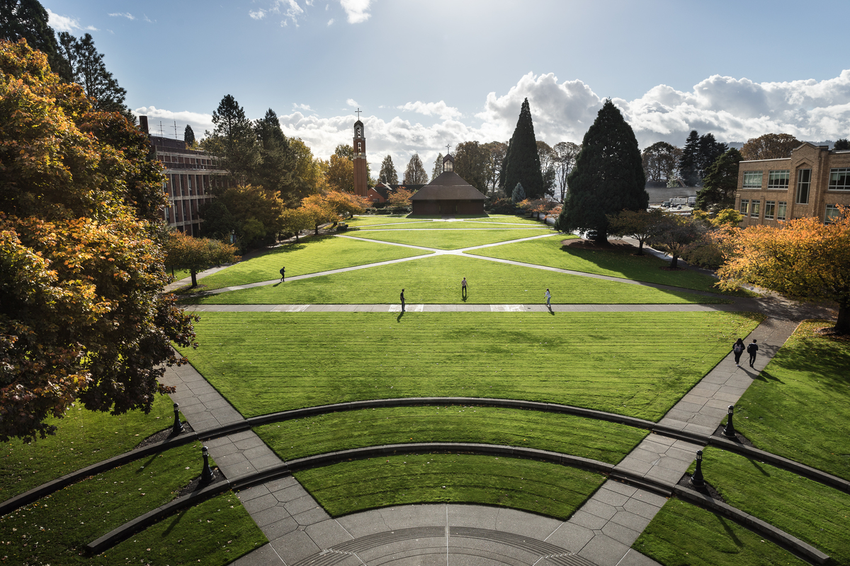 An aerial image of the campus quad